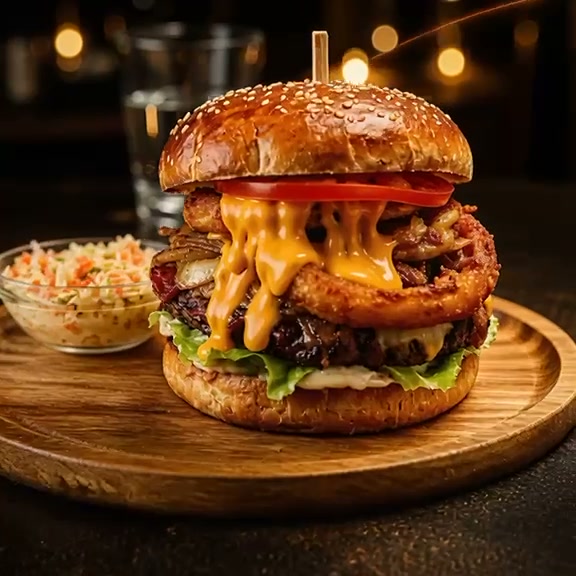 Saftiger Burger mit Cheddar, Zwiebelringen und Krautsalat am Burgertag im TVB Treff in Hünxe