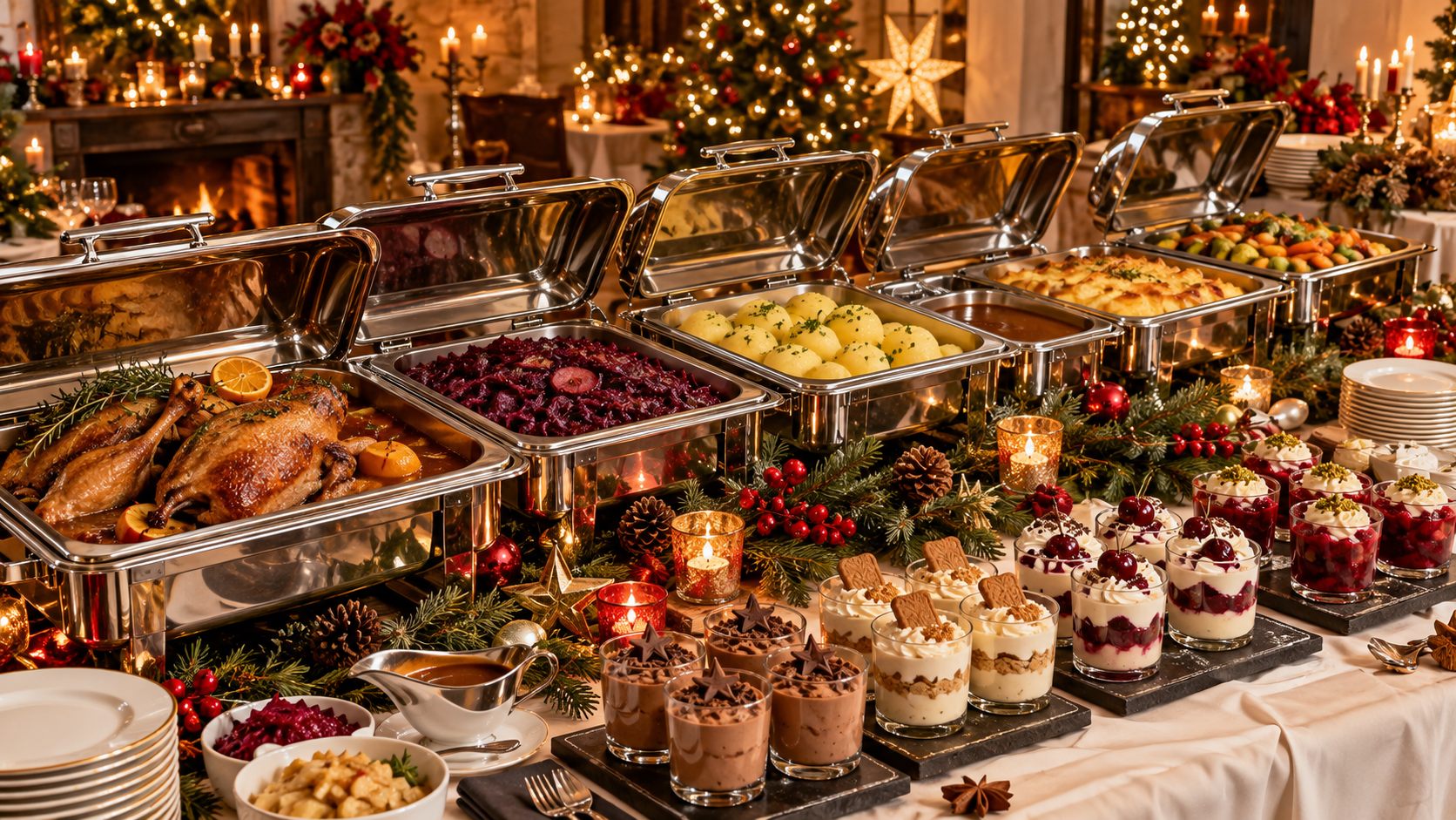 Festlich gedecktes Weihnachtsbuffet mit Gänsebraten, Beilagen und Desserts
